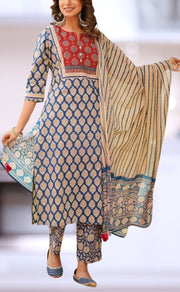 Navy Blue/Maroon Jaipur Cotton Kurti With Pant And Dupatta Set  .Pure Versatile Cotton. | Laces and Frills - Laces and Frills