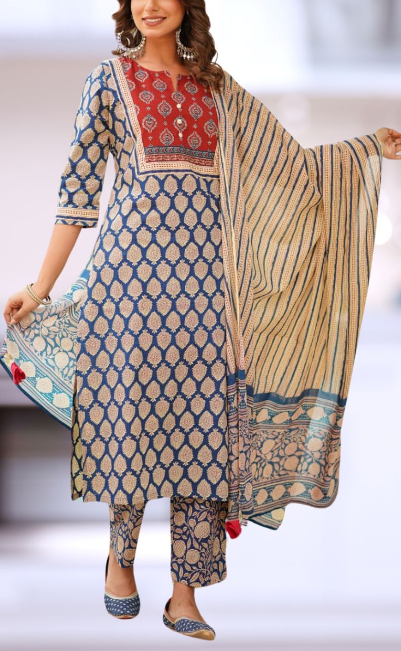 Navy Blue/Maroon Jaipur Cotton Kurti With Pant And Dupatta Set  .Pure Versatile Cotton. | Laces and Frills - Laces and Frills
