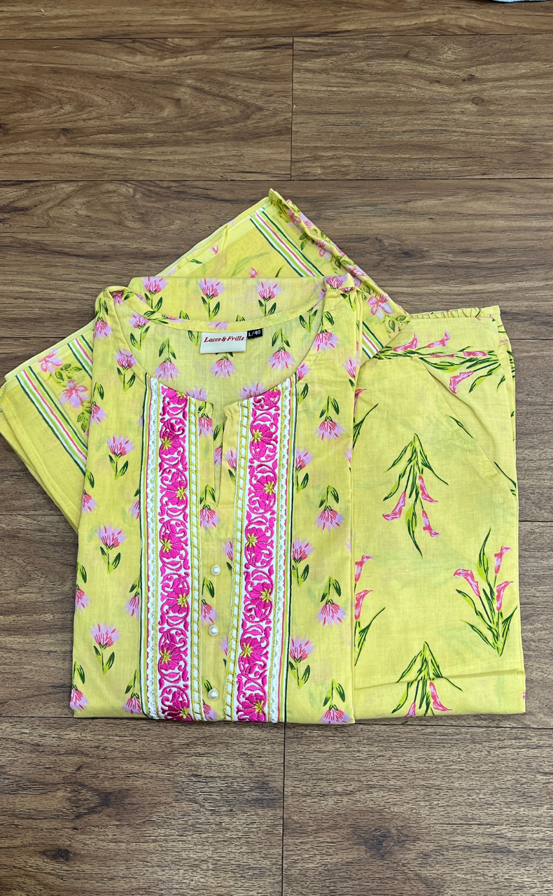 Yellow/Pink Floral Jaipur Cotton Kurti With Pant And Dupatta Set  .Pure Versatile Cotton. | Laces and Frills - Laces and Frills