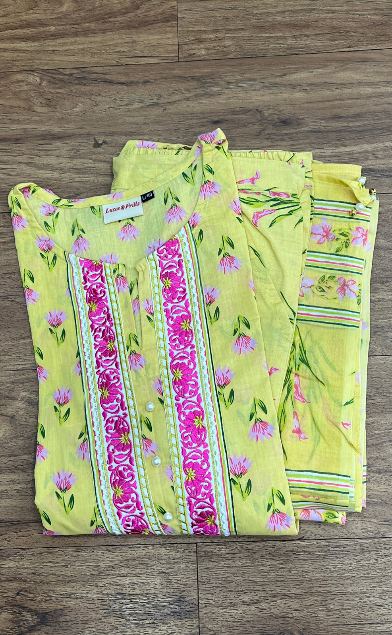 Yellow/Pink Floral Jaipur Cotton Kurti With Pant And Dupatta Set  .Pure Versatile Cotton. | Laces and Frills - Laces and Frills
