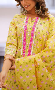 Yellow/Pink Floral Jaipur Cotton Kurti With Pant And Dupatta Set  .Pure Versatile Cotton. | Laces and Frills - Laces and Frills