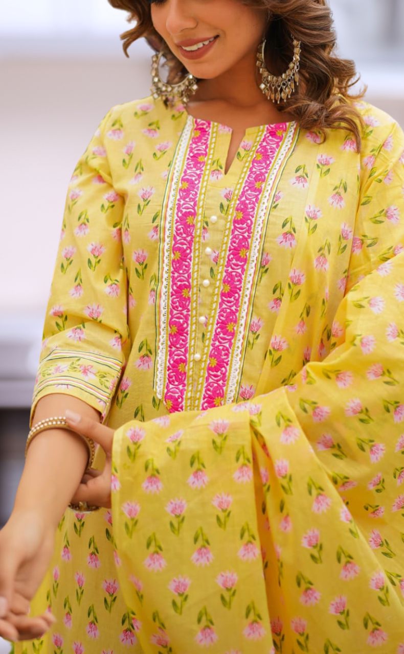 Yellow/Pink Floral Jaipur Cotton Kurti With Pant And Dupatta Set  .Pure Versatile Cotton. | Laces and Frills - Laces and Frills