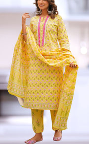 Yellow/Pink Floral Jaipur Cotton Kurti With Pant And Dupatta Set  .Pure Versatile Cotton. | Laces and Frills - Laces and Frills