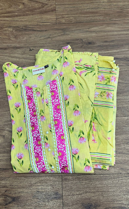 Yellow/Pink Floral Jaipur Cotton Kurti With Pant And Dupatta Set  .Pure Versatile Cotton. | Laces and Frills - Laces and Frills