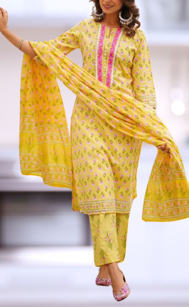 Yellow/Pink Floral Jaipur Cotton Kurti With Pant And Dupatta Set  .Pure Versatile Cotton. | Laces and Frills - Laces and Frills