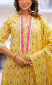Yellow/Pink Floral Jaipur Cotton Kurti With Pant And Dupatta Set  .Pure Versatile Cotton. | Laces and Frills - Laces and Frills