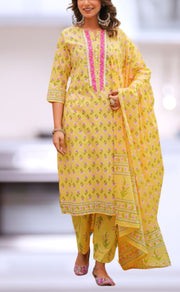 Yellow/Pink Floral Jaipur Cotton Kurti With Pant And Dupatta Set  .Pure Versatile Cotton. | Laces and Frills - Laces and Frills