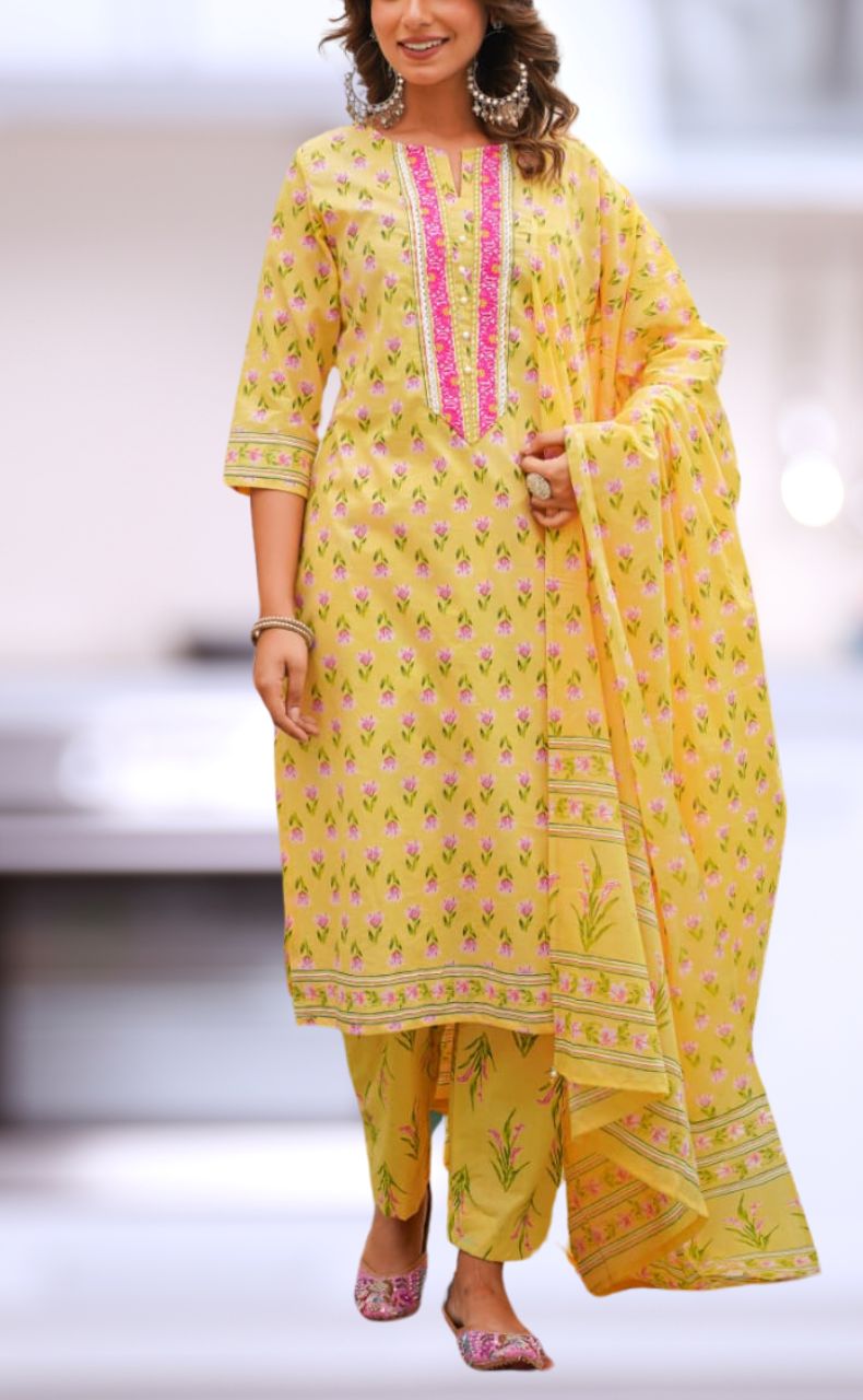 Yellow/Pink Floral Jaipur Cotton Kurti With Pant And Dupatta Set  .Pure Versatile Cotton. | Laces and Frills - Laces and Frills