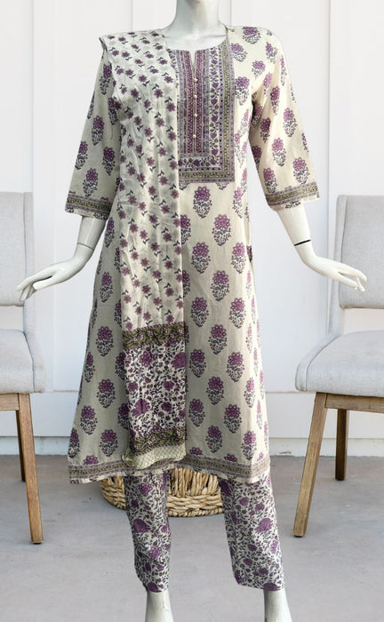 White/Purple Floral Jaipur Cotton Kurti With Pant And Dupatta Set  .Pure Versatile Cotton. | Laces and Frills