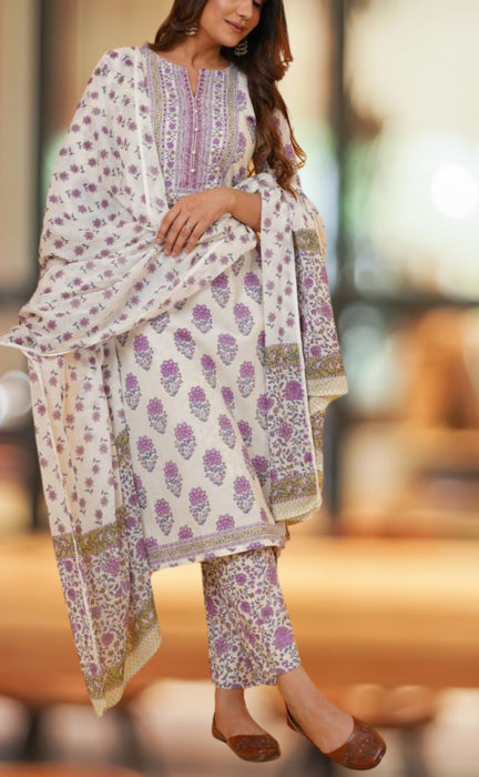 White/Purple Floral Jaipur Cotton Kurti With Pant And Dupatta Set  .Pure Versatile Cotton. | Laces and Frills - Laces and Frills