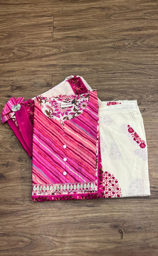 Off White/Pink Floral Jaipur Cotton Kurti With Pant And Dupatta Set  .Pure Versatile Cotton. | Laces and Frills - Laces and Frills