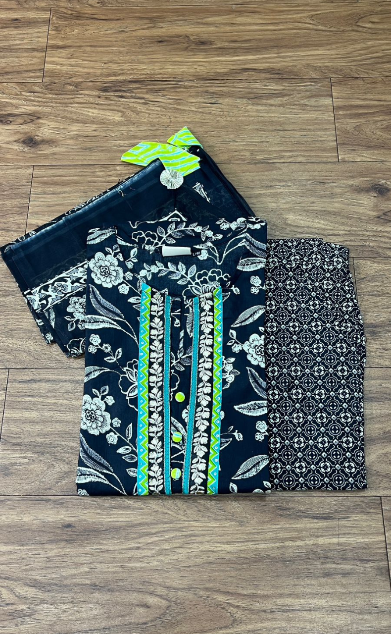 Black Floral Jaipur Cotton Kurti With Pant And Dupatta Set  .Pure Versatile Cotton. | Laces and Frills - Laces and Frills