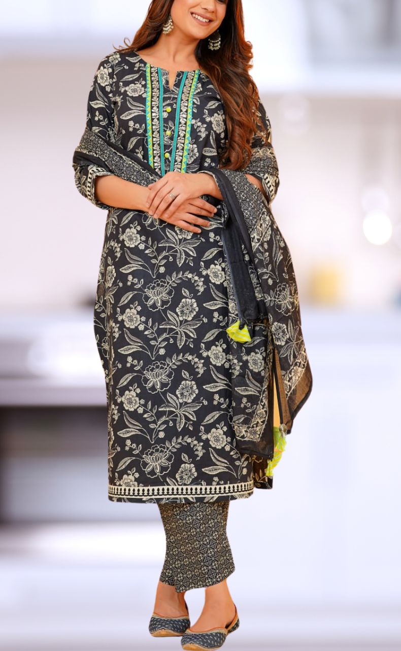Black Floral Jaipur Cotton Kurti With Pant And Dupatta Set  .Pure Versatile Cotton. | Laces and Frills - Laces and Frills