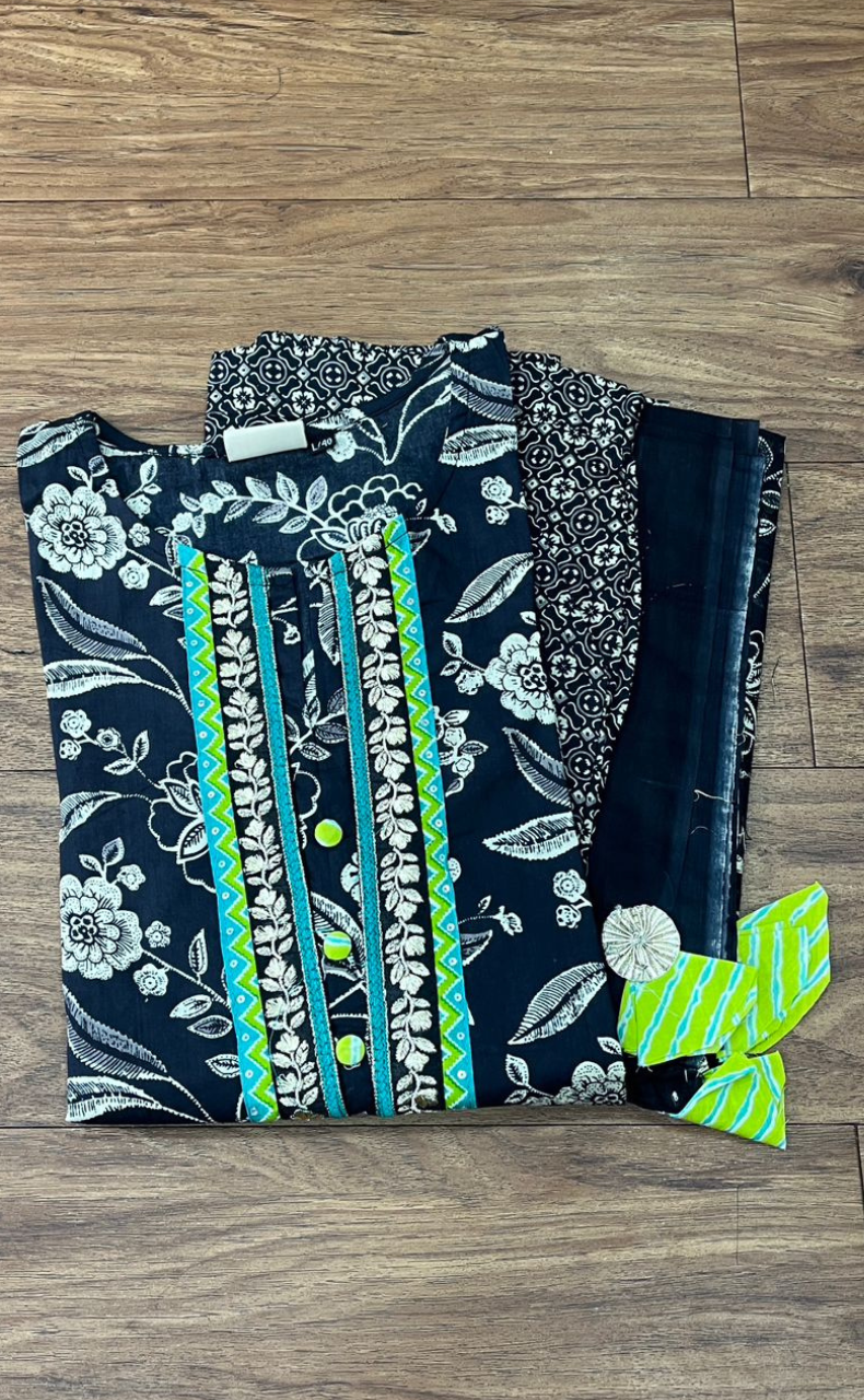 Black Floral Jaipur Cotton Kurti With Pant And Dupatta Set  .Pure Versatile Cotton. | Laces and Frills - Laces and Frills