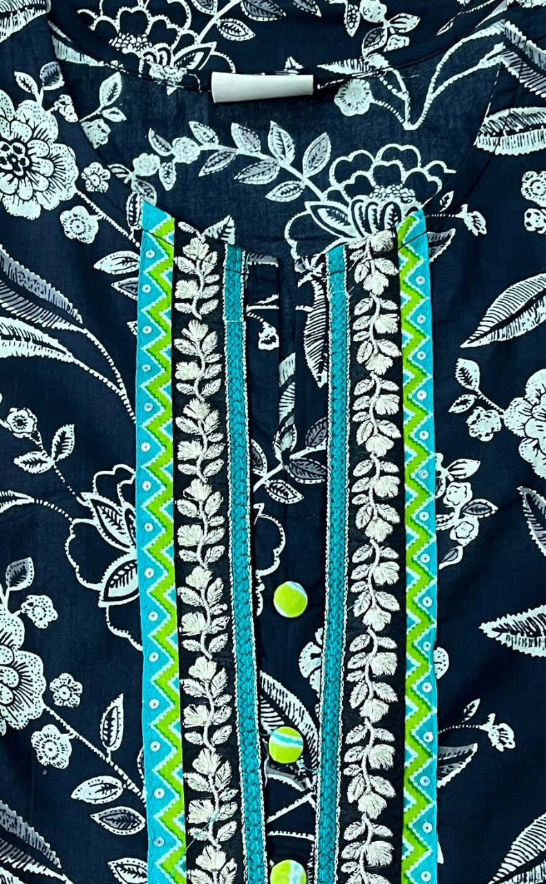Black Floral Jaipur Cotton Kurti With Pant And Dupatta Set  .Pure Versatile Cotton. | Laces and Frills - Laces and Frills