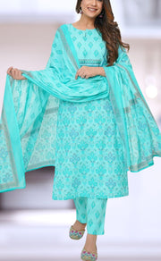Sea Green Floral Motif Jaipur Cotton Kurti With Pant And Dupatta Set  .Pure Versatile Cotton. | Laces and Frills - Laces and Frills