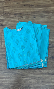 Sea Green Floral Motif Jaipur Cotton Kurti With Pant And Dupatta Set  .Pure Versatile Cotton. | Laces and Frills - Laces and Frills