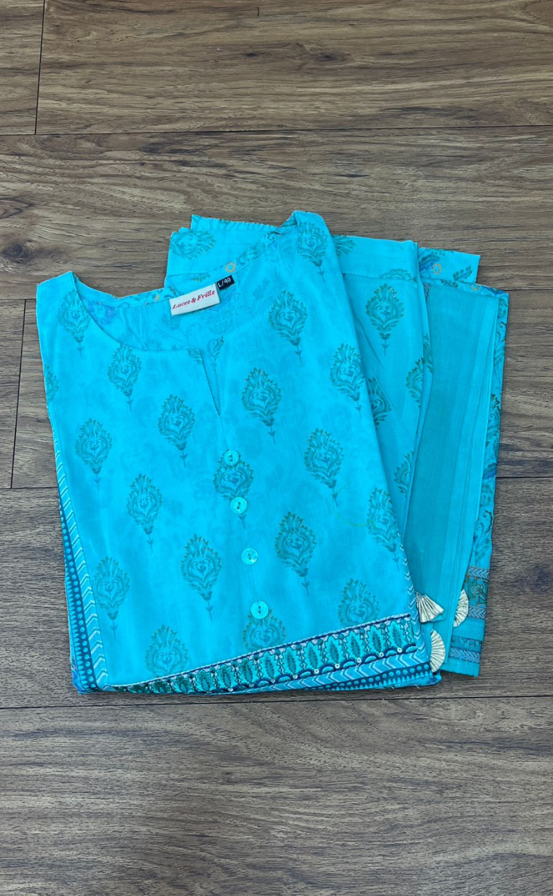 Sea Green Floral Motif Jaipur Cotton Kurti With Pant And Dupatta Set  .Pure Versatile Cotton. | Laces and Frills - Laces and Frills
