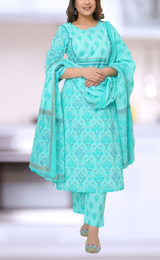 Sea Green Floral Motif Jaipur Cotton Kurti With Pant And Dupatta Set  .Pure Versatile Cotton. | Laces and Frills - Laces and Frills