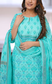 Sea Green Floral Motif Jaipur Cotton Kurti With Pant And Dupatta Set  .Pure Versatile Cotton. | Laces and Frills - Laces and Frills