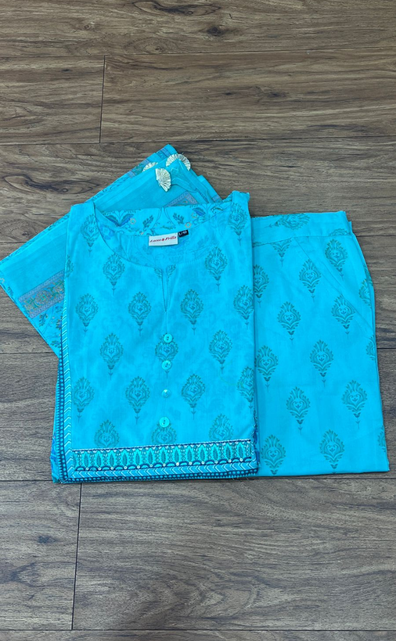 Sea Green Floral Motif Jaipur Cotton Kurti With Pant And Dupatta Set  .Pure Versatile Cotton. | Laces and Frills - Laces and Frills