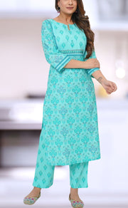 Sea Green Floral Motif Jaipur Cotton Kurti With Pant And Dupatta Set  .Pure Versatile Cotton. | Laces and Frills - Laces and Frills