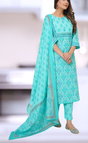 Sea Green Floral Motif Jaipur Cotton Kurti With Pant And Dupatta Set  .Pure Versatile Cotton. | Laces and Frills - Laces and Frills
