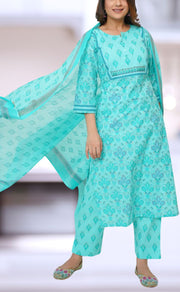 Sea Green Floral Motif Jaipur Cotton Kurti With Pant And Dupatta Set  .Pure Versatile Cotton. | Laces and Frills - Laces and Frills