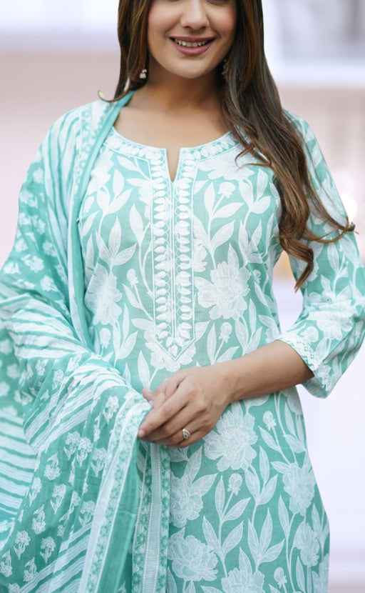Sea Green Floral Jaipur Cotton Kurti With Pant And Dupatta Set  .Pure Versatile Cotton. | Laces and Frills - Laces and Frills
