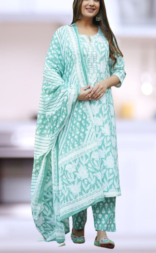 Sea Green Floral Jaipur Cotton Kurti With Pant And Dupatta Set  .Pure Versatile Cotton. | Laces and Frills - Laces and Frills