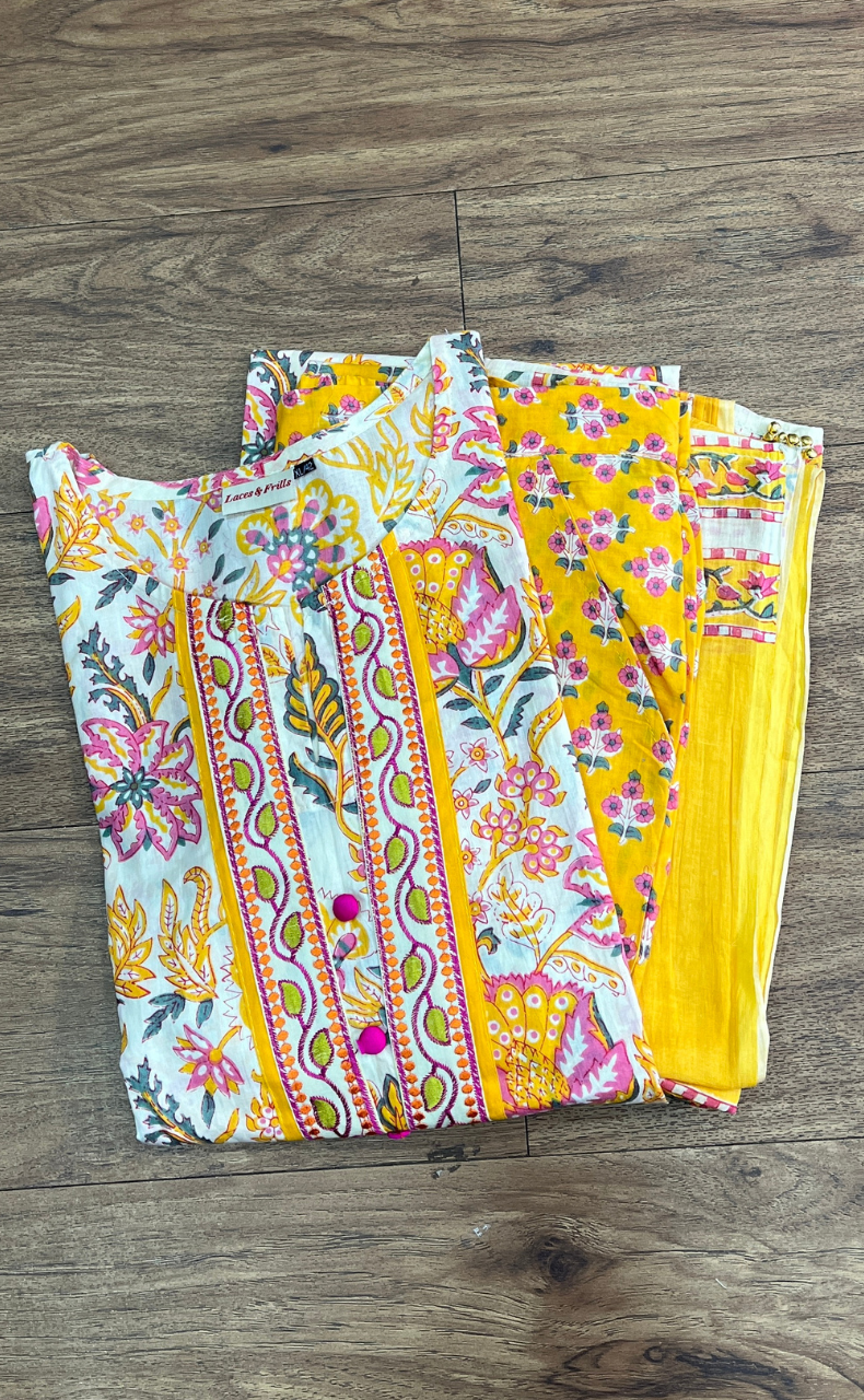 Yellow Floral Jaipur Cotton Kurti With Pant And Dupatta Set  .Pure Versatile Cotton. | Laces and Frills - Laces and Frills