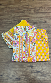 Yellow Floral Jaipur Cotton Kurti With Pant And Dupatta Set  .Pure Versatile Cotton. | Laces and Frills - Laces and Frills