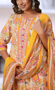Yellow Floral Jaipur Cotton Kurti With Pant And Dupatta Set  .Pure Versatile Cotton. | Laces and Frills - Laces and Frills