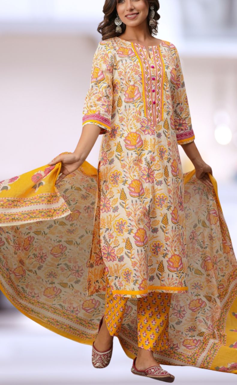 Yellow Floral Jaipur Cotton Kurti With Pant And Dupatta Set  .Pure Versatile Cotton. | Laces and Frills - Laces and Frills