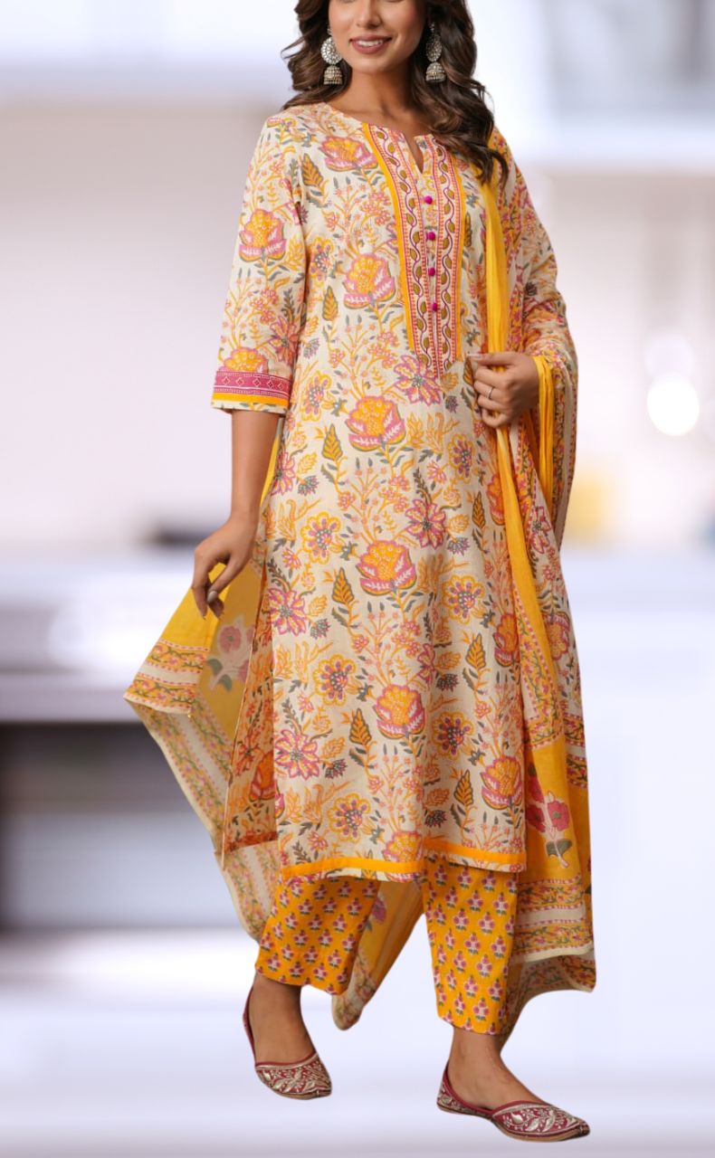 Yellow Floral Jaipur Cotton Kurti With Pant And Dupatta Set  .Pure Versatile Cotton. | Laces and Frills - Laces and Frills