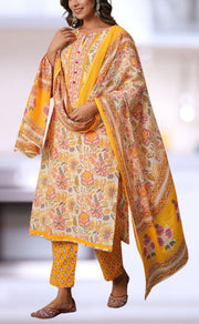 Yellow Floral Jaipur Cotton Kurti With Pant And Dupatta Set  .Pure Versatile Cotton. | Laces and Frills - Laces and Frills