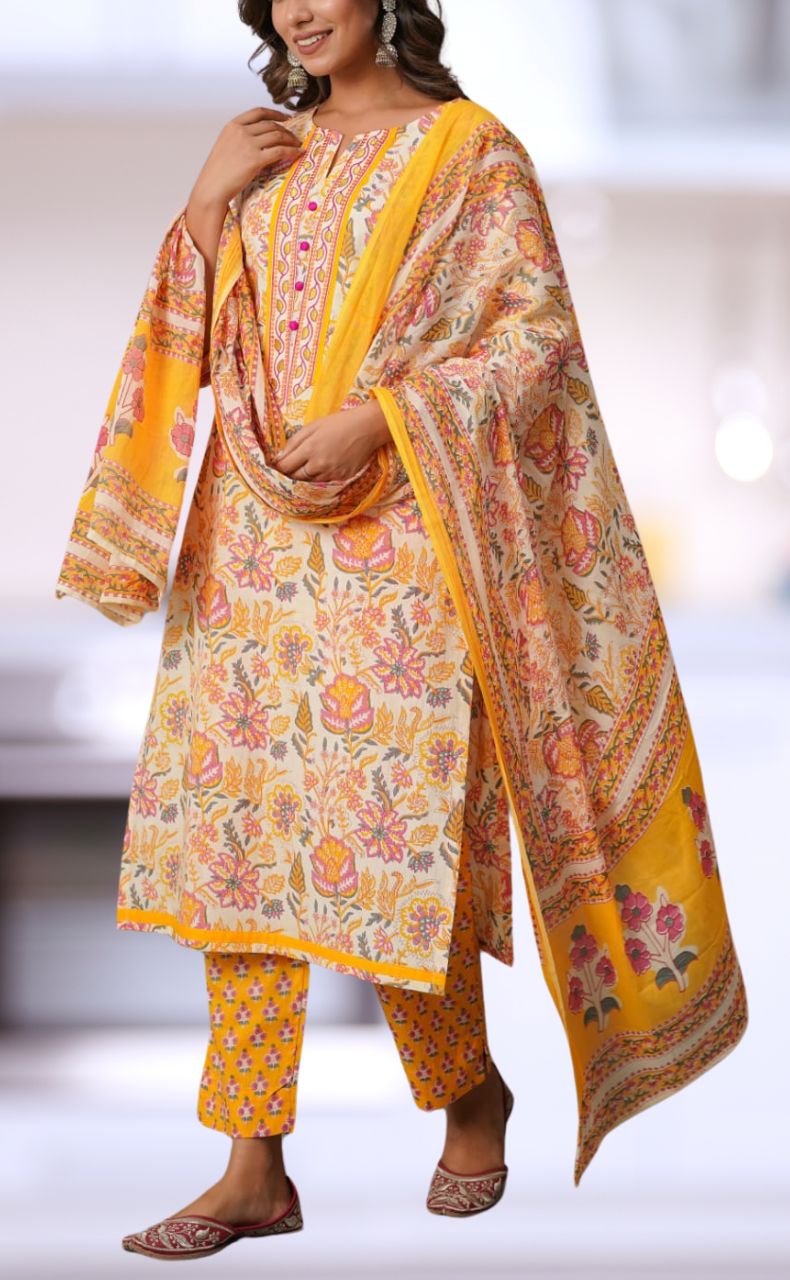 Yellow Floral Jaipur Cotton Kurti With Pant And Dupatta Set  .Pure Versatile Cotton. | Laces and Frills - Laces and Frills