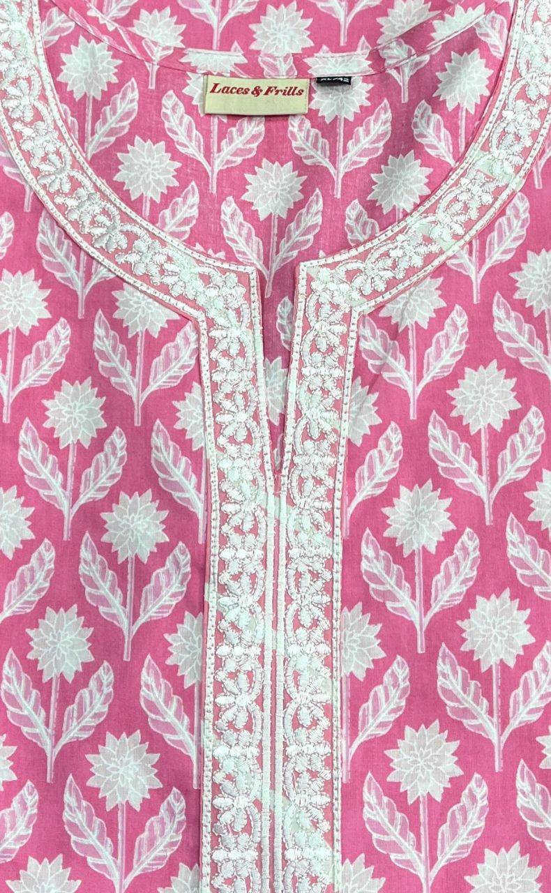 Pink/White Floral Jaipur Cotton Kurti With Pant And Dupatta Set.Pure Versatile Cotton. | Laces and Frills - Laces and Frills