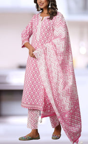 Pink/White Floral Jaipur Cotton Kurti With Pant And Dupatta Set.Pure Versatile Cotton. | Laces and Frills - Laces and Frills