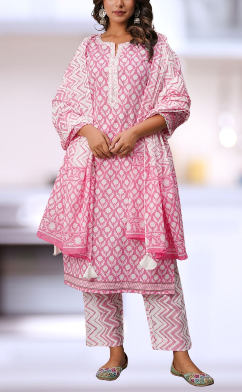 Pink/White Floral Jaipur Cotton Kurti With Pant And Dupatta Set.Pure Versatile Cotton. | Laces and Frills - Laces and Frills