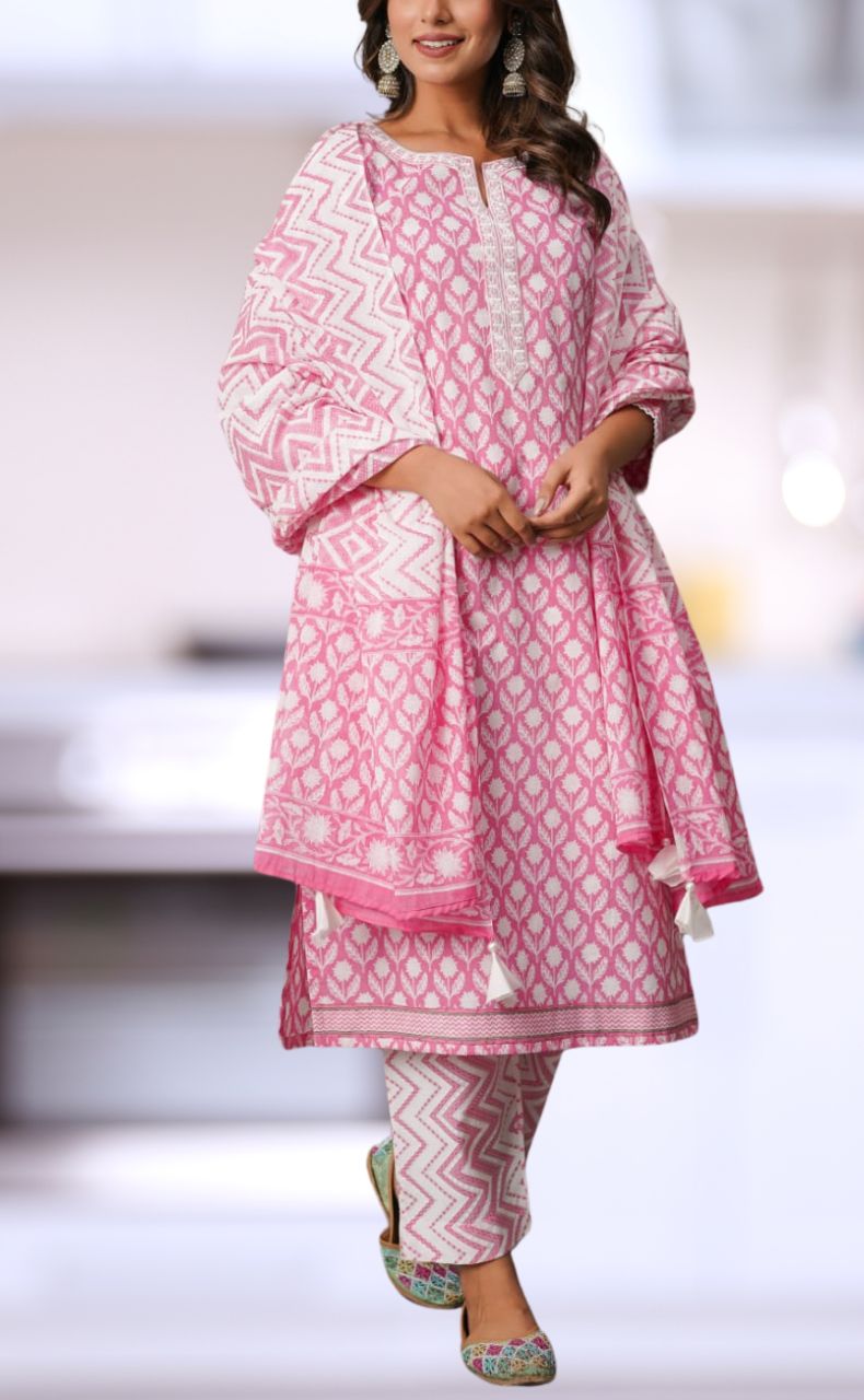 Pink/White Floral Jaipur Cotton Kurti With Pant And Dupatta Set.Pure Versatile Cotton. | Laces and Frills - Laces and Frills