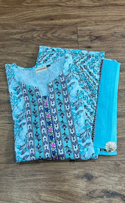 Sea Green/Grey Floral Cotton Kurti With Pant And Dupatta Set.Pure Versatile Cotton. | Laces and Frills - Laces and Frills