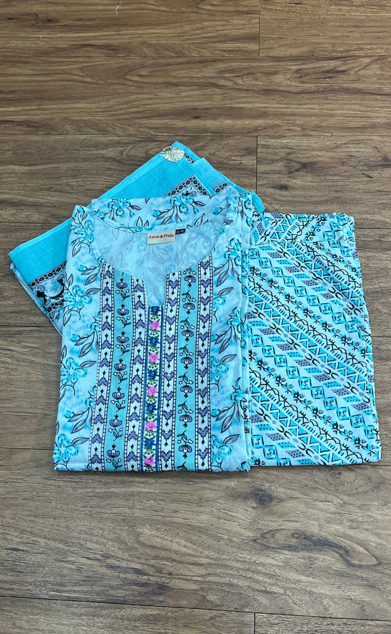 Sea Green/Grey Floral Cotton Kurti With Pant And Dupatta Set.Pure Versatile Cotton. | Laces and Frills - Laces and Frills
