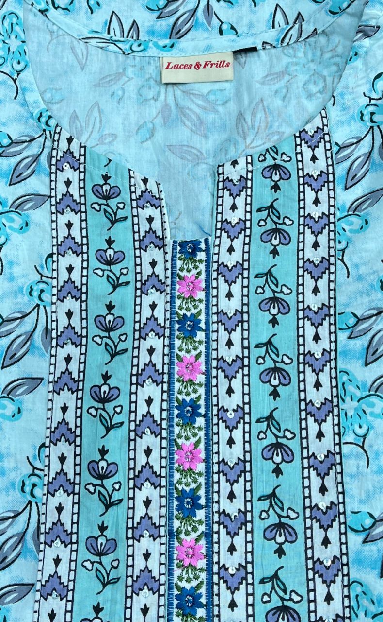 Sea Green/Grey Floral Cotton Kurti With Pant And Dupatta Set.Pure Versatile Cotton. | Laces and Frills - Laces and Frills