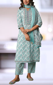Sea Green/Grey Floral Cotton Kurti With Pant And Dupatta Set.Pure Versatile Cotton. | Laces and Frills - Laces and Frills
