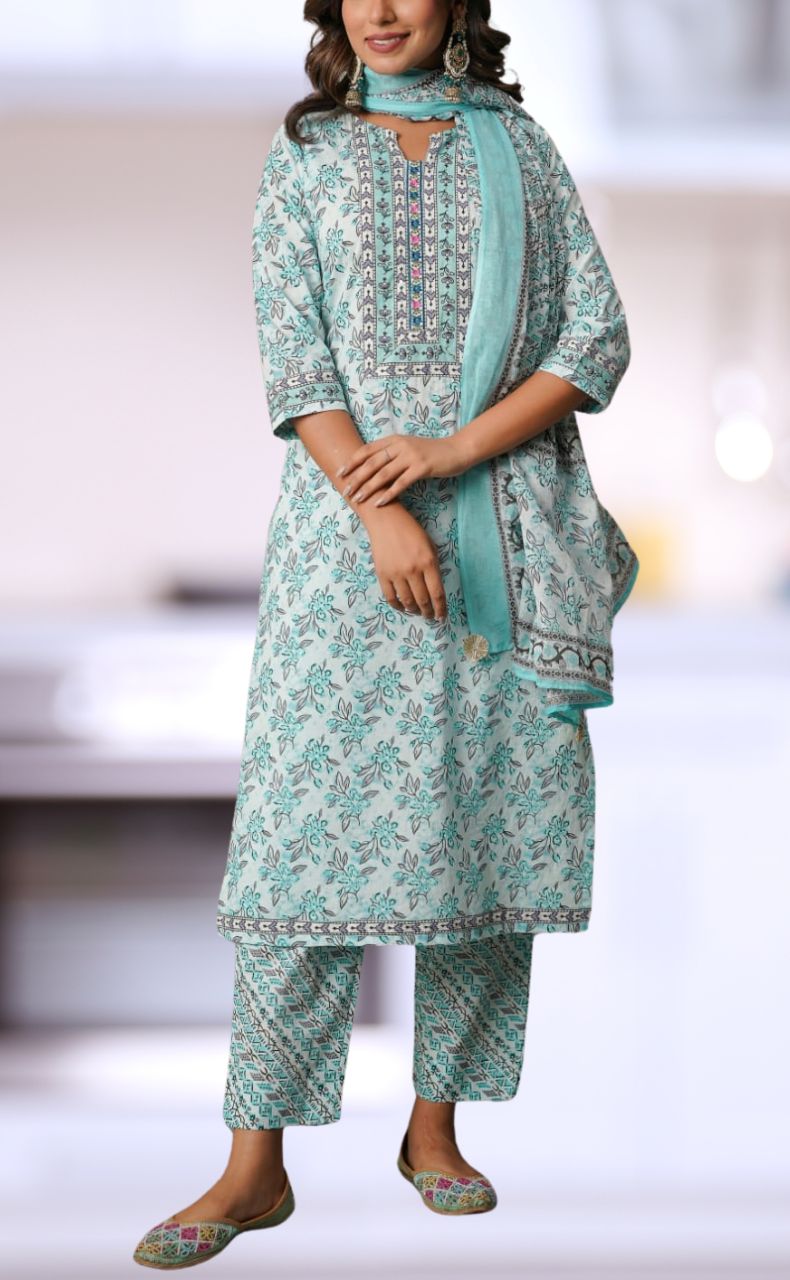 Sea Green/Grey Floral Cotton Kurti With Pant And Dupatta Set.Pure Versatile Cotton. | Laces and Frills - Laces and Frills