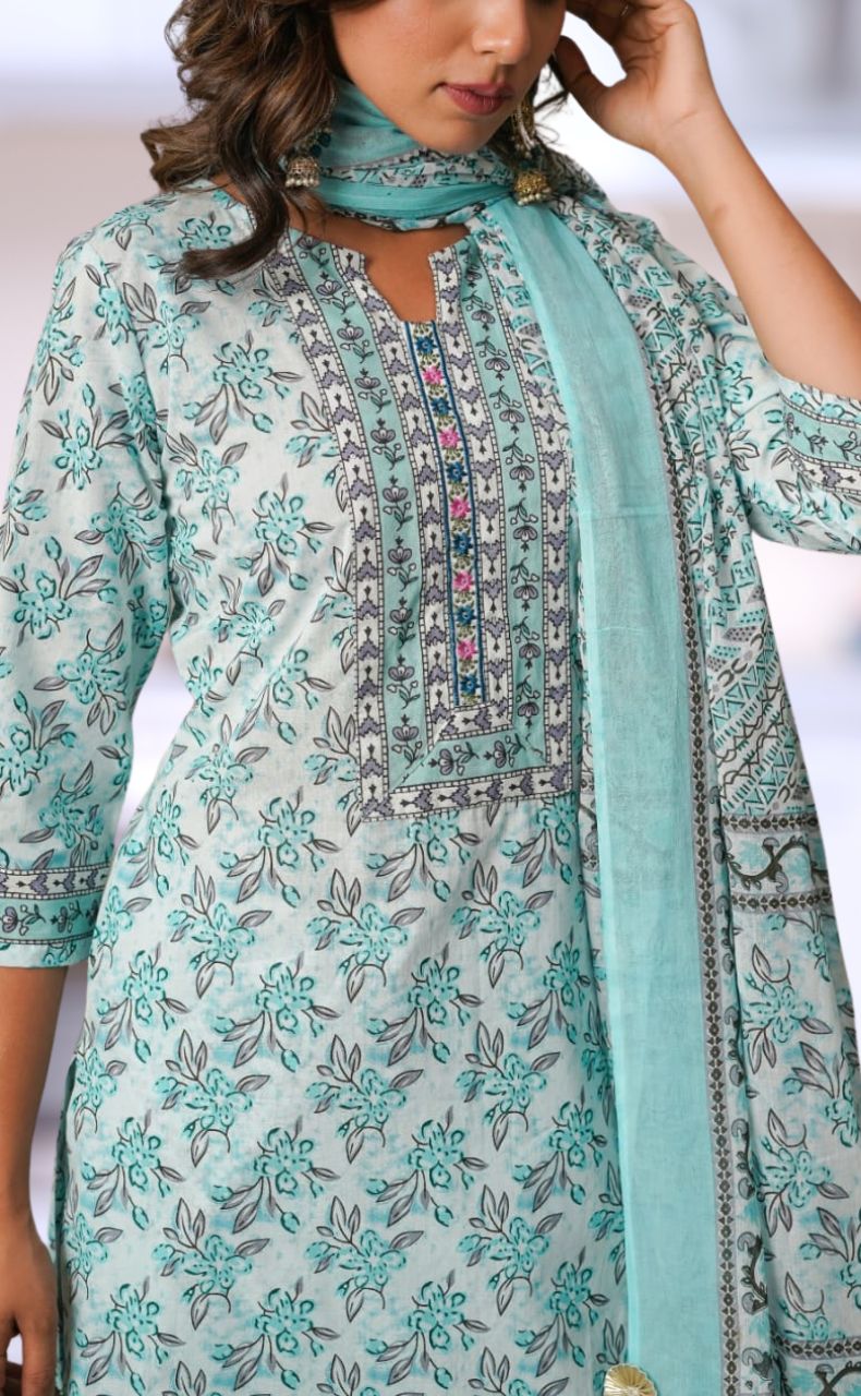 Sea Green/Grey Floral Cotton Kurti With Pant And Dupatta Set.Pure Versatile Cotton. | Laces and Frills - Laces and Frills