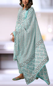 Sea Green/Grey Floral Cotton Kurti With Pant And Dupatta Set.Pure Versatile Cotton. | Laces and Frills - Laces and Frills