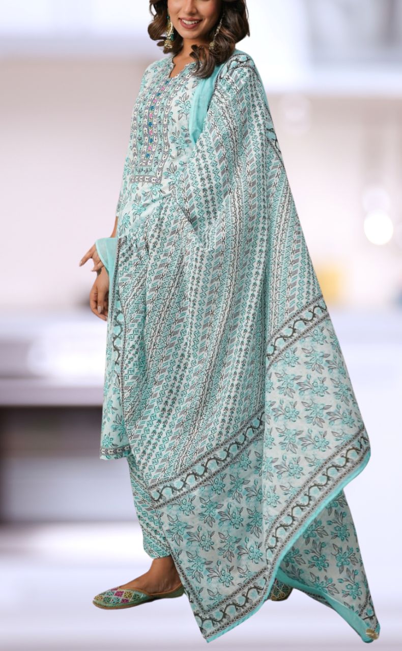 Sea Green/Grey Floral Cotton Kurti With Pant And Dupatta Set.Pure Versatile Cotton. | Laces and Frills - Laces and Frills