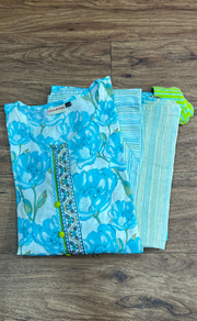 Sea Green/Green Floral Jaipur Cotton Kurti With Pant And Dupatta Set.Pure Versatile Cotton. | Laces and Frills - Laces and Frills